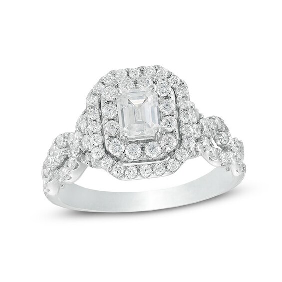 Previously Owned - Celebration Ideal 1-1/2 CT. T.W. Emerald-Cut Diamond Frame Engagement Ring in 14K White Gold Previously Owned - Celebration Ideal 1-1/2 CT. T.W. Emerald-Cut Diamond Frame Engagement Ring in 14K White Gold
