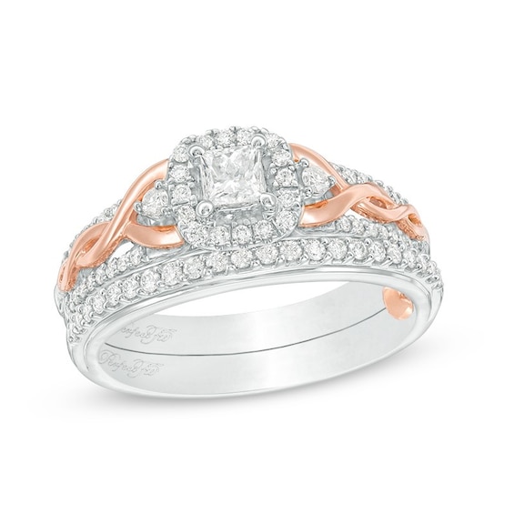 Previously Owned - 5/8 CT. T.w. Princess-Cut Diamond Frame Interlocking Bridal Set in 10K Two-Tone Gold