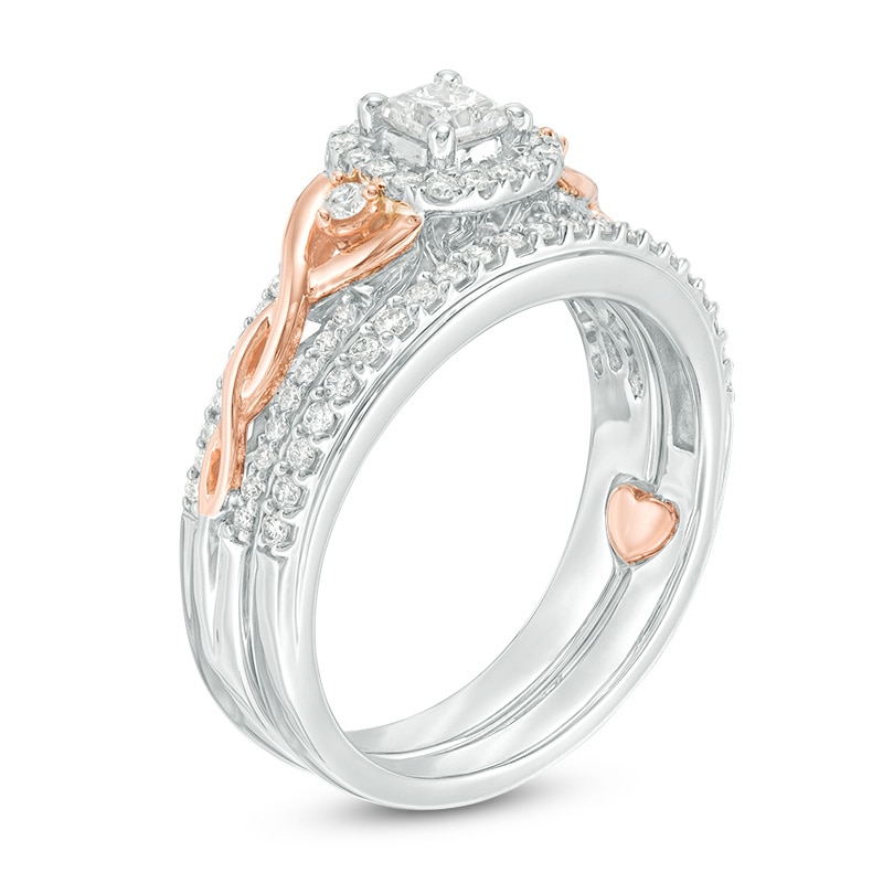 Main Image 2 of Previously Owned - 5/8 CT. T.W. Princess-Cut Diamond Frame Interlocking Bridal Set in 10K Two-Tone Gold