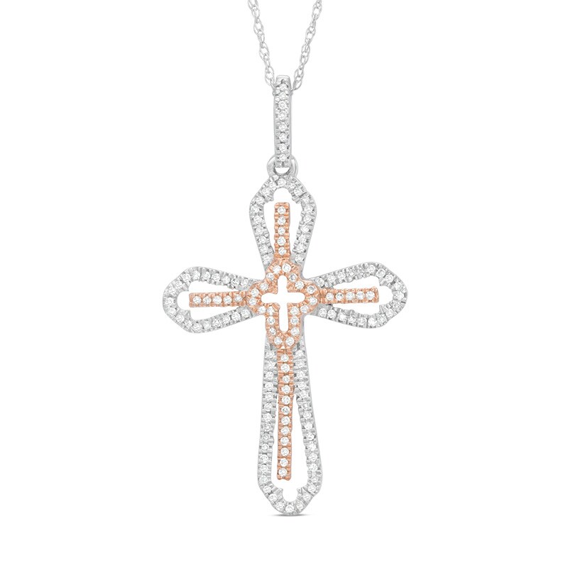 Main Image 1 of Previously Owned - 1/5 CT. T.W. Diamond Cross Pendant in 10K Two-Tone Gold