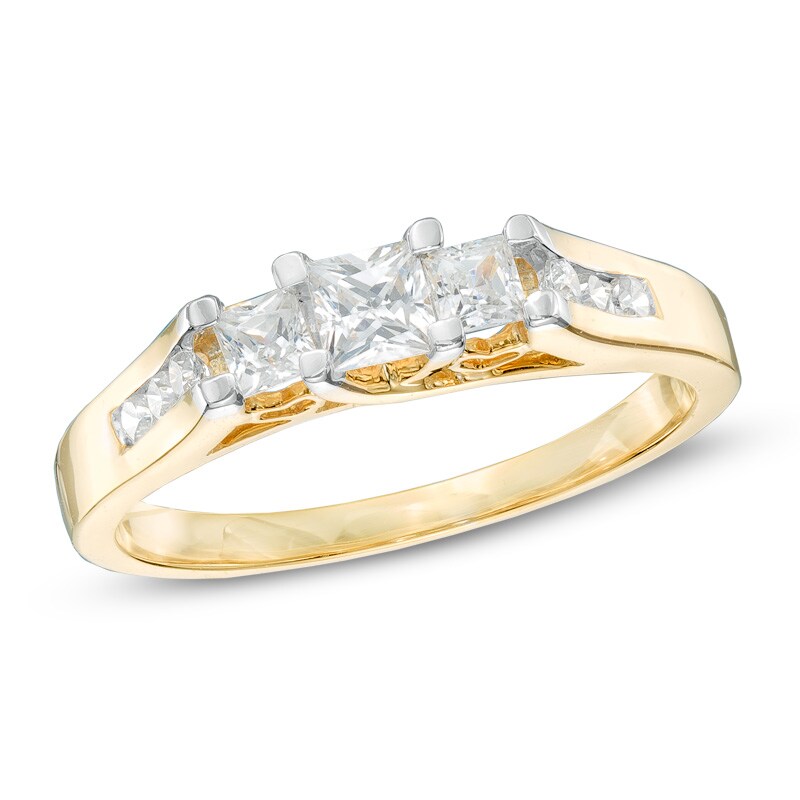 Main Image 1 of Previously Owned - 1/2 CT. T.W. Princess-Cut Diamond Three Stone Engagement Ring in 10K Gold