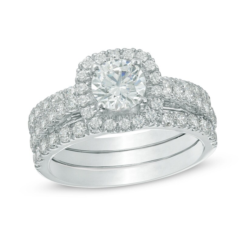 Main Image 1 of Previously Owned - 2-1/5 CT. T.W. Diamond Frame Three Piece Bridal Set in 14K White Gold