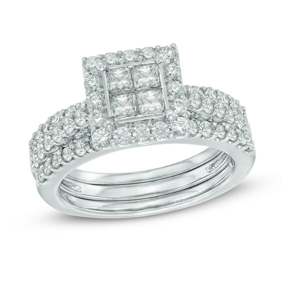 Previously Owned - 1-1/2 CT. T.w. Princess-Cut Quad Diamond Frame Three Piece Bridal Set in 14K White Gold