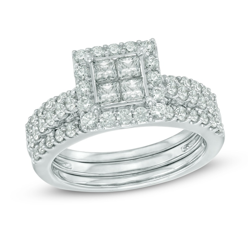 Previously Owned - 1-1/2 CT. T.W. Princess-Cut Quad Diamond Frame Three Piece Bridal Set in 14K White Gold