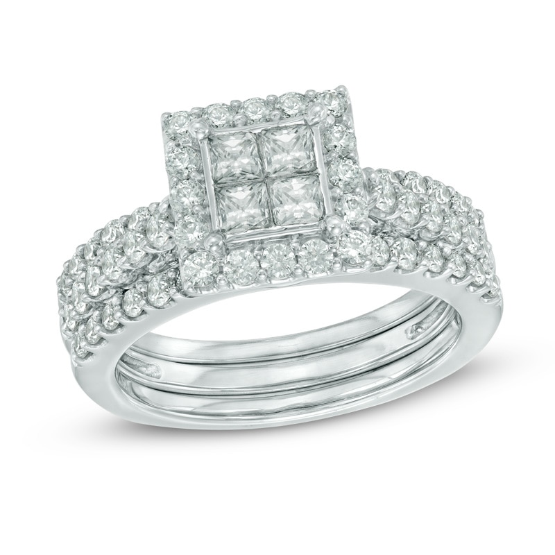 Main Image 1 of Previously Owned - 1-1/2 CT. T.W. Princess-Cut Quad Diamond Frame Three Piece Bridal Set in 14K White Gold