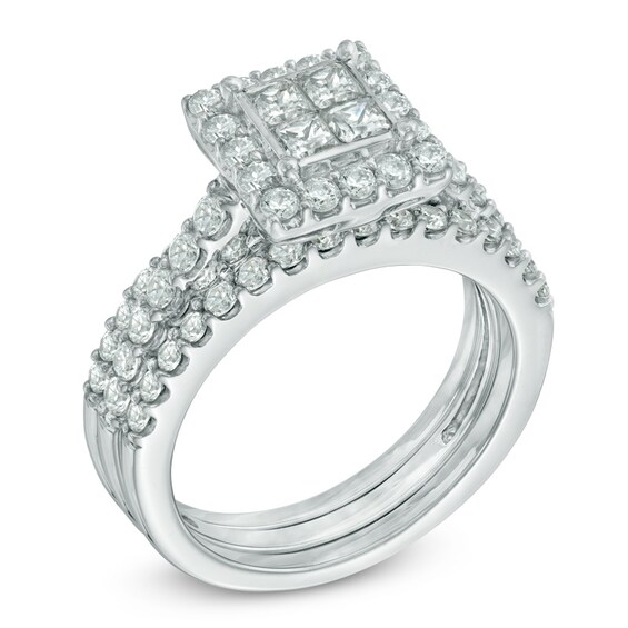 Previously Owned - 1-1/2 CT. T.w. Princess-Cut Quad Diamond Frame Three Piece Bridal Set in 14K White Gold