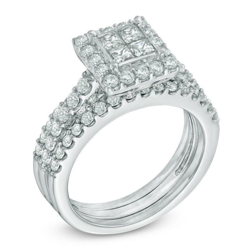 Main Image 2 of Previously Owned - 1-1/2 CT. T.W. Princess-Cut Quad Diamond Frame Three Piece Bridal Set in 14K White Gold