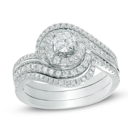 Previously Owned - 1 CT. T.W. Diamond Swirl Frame Three Piece Bridal Set in 14K White Gold