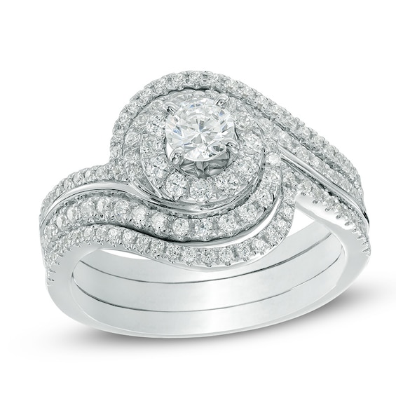 Previously Owned - 1 CT. T.w. Diamond Swirl Frame Three Piece Bridal Set in 14K White Gold
