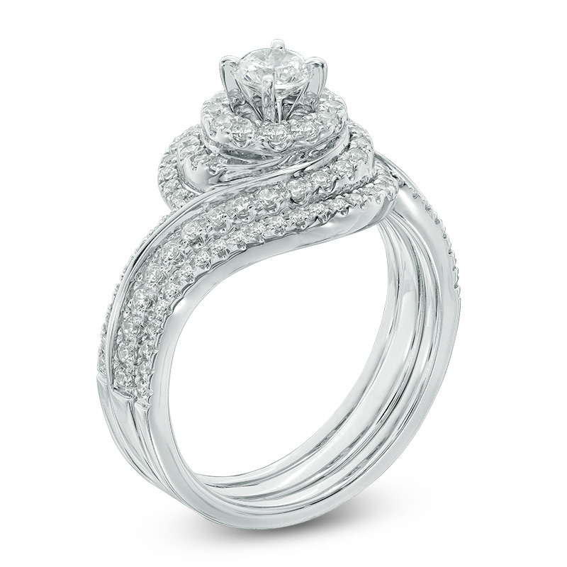 Main Image 2 of Previously Owned - 1 CT. T.W. Diamond Swirl Frame Three Piece Bridal Set in 14K White Gold