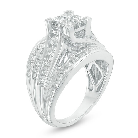 Previously Owned - 2 CT. T.w. Quad Princess-Cut Diamond Multi-Row Engagement Ring in 14K White Gold