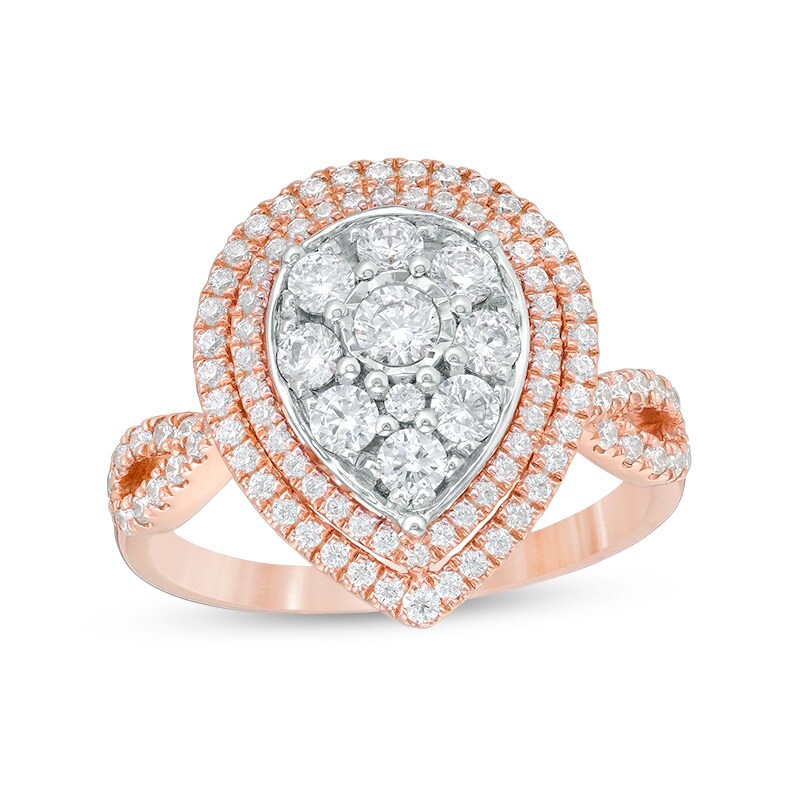 Main Image 1 of Previously Owned - 1 CT. T.W. Composite Diamond Triple Teardrop-Shaped Frame Engagement Ring in 10K Two-Tone Gold