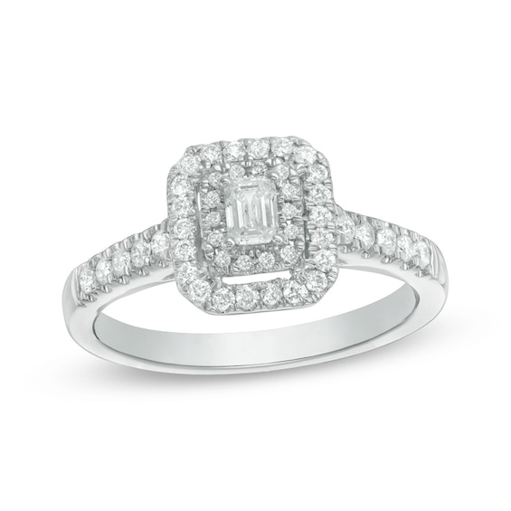 Previously Owned - 1/2 CT. T.w. Emerald-Cut Diamond Double Frame Engagement Ring in 14K White Gold