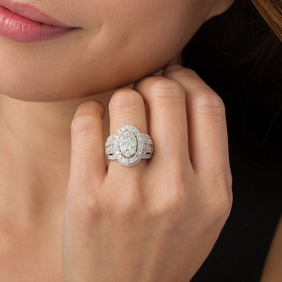 Previously Owned - 3 CT. T.W. Composite Diamond Oval Frame Multi-Row Engagement Ring in 10K White Gold Previously Owned - 3 CT. T.W. Composite Diamond Oval Frame Multi-Row Engagement Ring in 10K White Gold