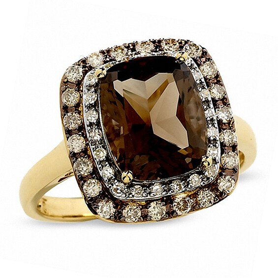 Previously Owned - Cushion-Cut Smoky Quartz Ring in 14K Gold with Enhanced Champagne and White Diamonds