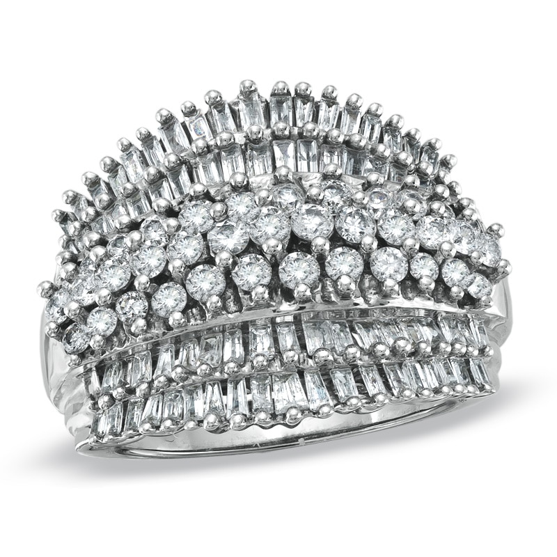 Main Image 1 of Previously Owned - 1-3/4 CT. T.W. Baguette and Round Diamond Seven Row Fan Ring in 10K White Gold