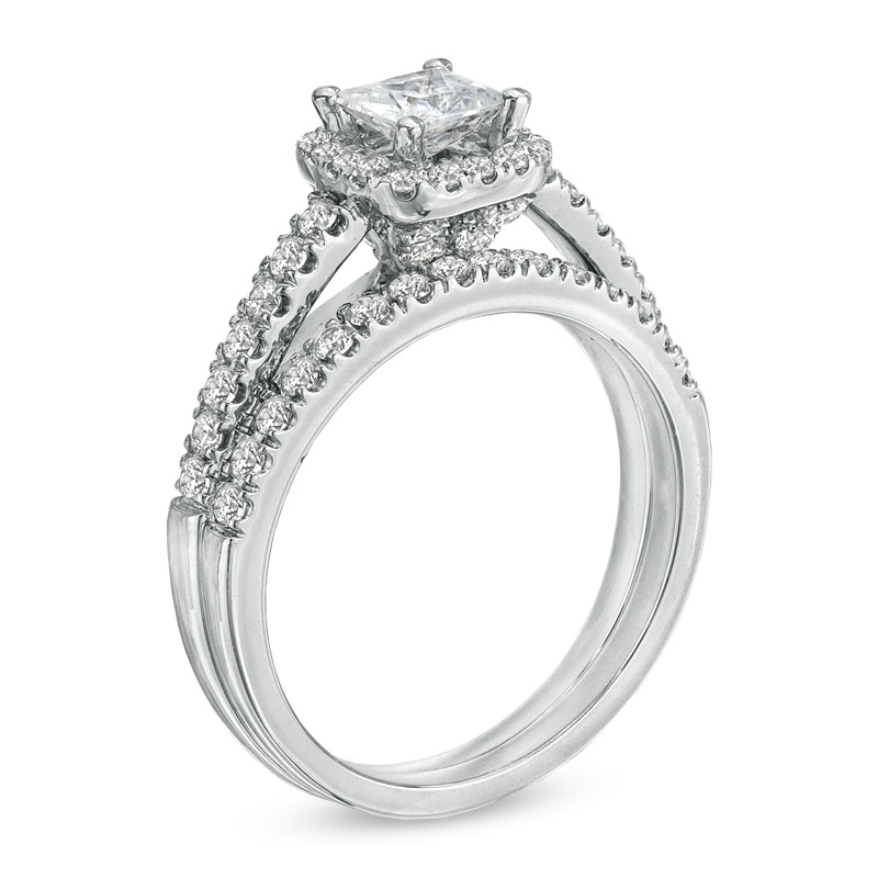 Previously Owned - Celebration Lux® 1-1/5 CT. T.W. Princess-Cut Diamond Bridal Set in 14K White Gold (I/SI2)