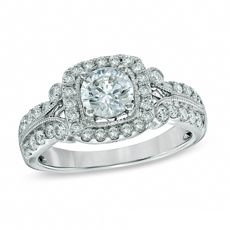Main Image 1 of Previously Owned - Celebration Ideal 1-1/4 CT. T.W. Diamond Frame Vintage-Style Engagement Ring in 14K White Gold (I/I1)