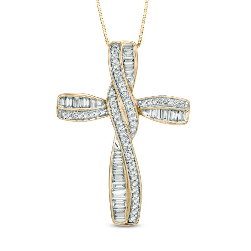 Main Image 1 of Previously Owned - 3/4 CT. T.W. Diamond Twisting Cross Pendant in 10K Gold