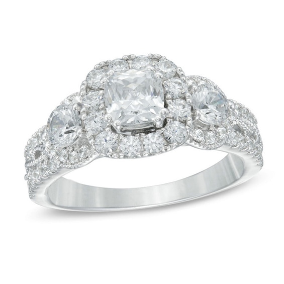 Previously Owned - Celebration Ideal 1-1/2 CT. T.w. Diamond Frame Three Stone Engagement Ring in 14K White Gold