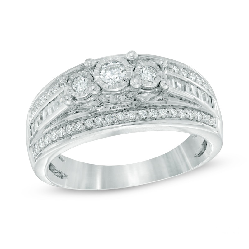 Main Image 1 of Previously Owned - 1/2 CT. T.W. Diamond Past Present Future® Triple Row Engagement Ring in 10K White Gold