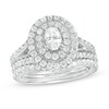Thumbnail Image 1 of Previously Owned - 2 CT. T.W. Oval Diamond Double Frame Vintage-Style Bridal Set in 14K White Gold (I/I1)