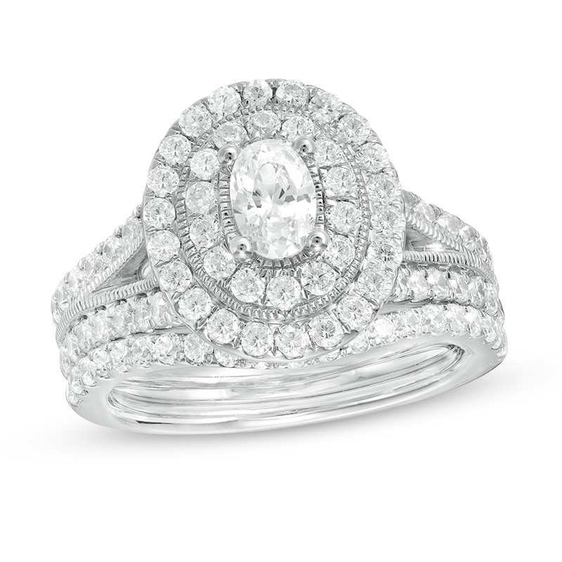 Main Image 1 of Previously Owned - 2 CT. T.W. Oval Diamond Double Frame Vintage-Style Bridal Set in 14K White Gold (I/I1)
