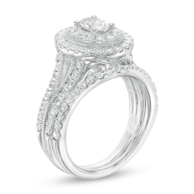 Main Image 2 of Previously Owned - 2 CT. T.W. Oval Diamond Double Frame Vintage-Style Bridal Set in 14K White Gold (I/I1)