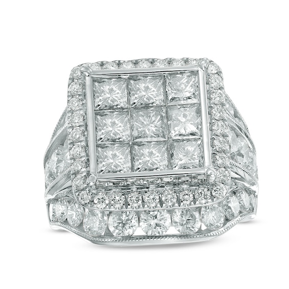 Previously Owned - 7 CT. T.w. Princess-Cut Composite Diamond Frame Triple Row Engagement Ring in 14K White Gold