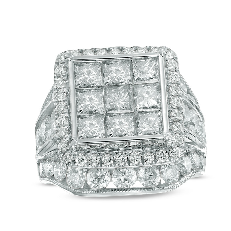 Main Image 1 of Previously Owned - 7 CT. T.W. Princess-Cut Composite Diamond Frame Triple Row Engagement Ring in 14K White Gold