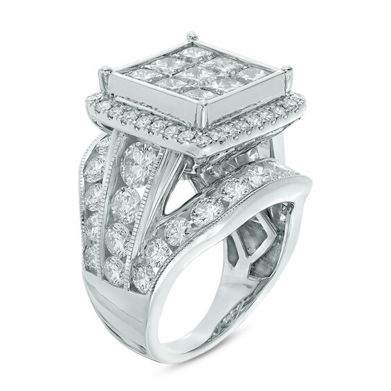 Previously Owned - 7 CT. T.w. Princess-Cut Composite Diamond Frame Triple Row Engagement Ring in 14K White Gold