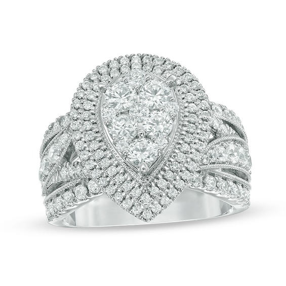 Previously Owned - 2 CT. T.w. Composite Diamond Pear Frame Multi-Row Vintage-Style Engagement Ring in 14K White Gold