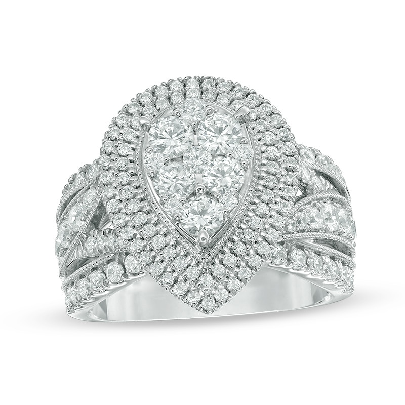 Main Image 1 of Previously Owned - 2 CT. T.W. Composite Diamond Pear Frame Multi-Row Vintage-Style Engagement Ring in 14K White Gold