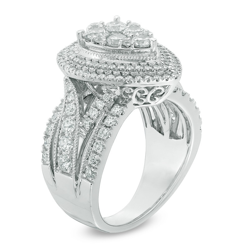 Main Image 2 of Previously Owned - 2 CT. T.W. Composite Diamond Pear Frame Multi-Row Vintage-Style Engagement Ring in 14K White Gold