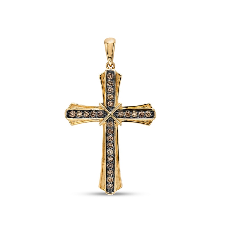 Main Image 1 of Previously Owned - 3/4 CT. T.W. Champagne Diamond "X" Flaring Layered Cross Necklace Charm in 10K Gold