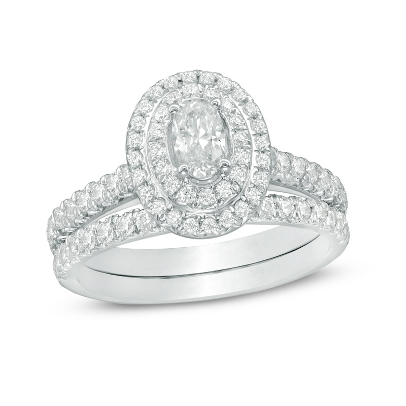 Main Image 1 of Previously Owned - 1-1/4 CT. T.W. Oval Diamond Double Frame Bridal Set in 14K White Gold
