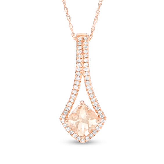 Previously Owned - 6.0mm Cushion-Cut Morganite and 1/5 CT. T.w. Diamond Pendulum Pendant in 10K Rose Gold