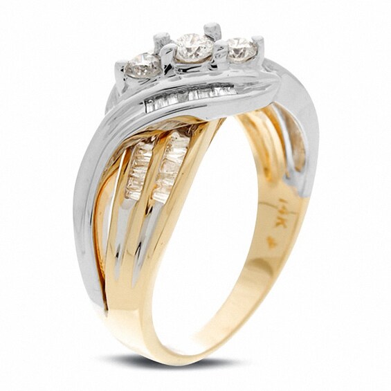Previously Owned - 1/2 CT. T.w. Diamond Three Stone Cross Over Ring in 14K Two-Tone Gold