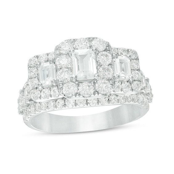 Previously Owned - 2-1/2 CT. T.w. Emerald-Cut Diamond Past Present Future® Frame Engagement Ring in 14K White Gold
