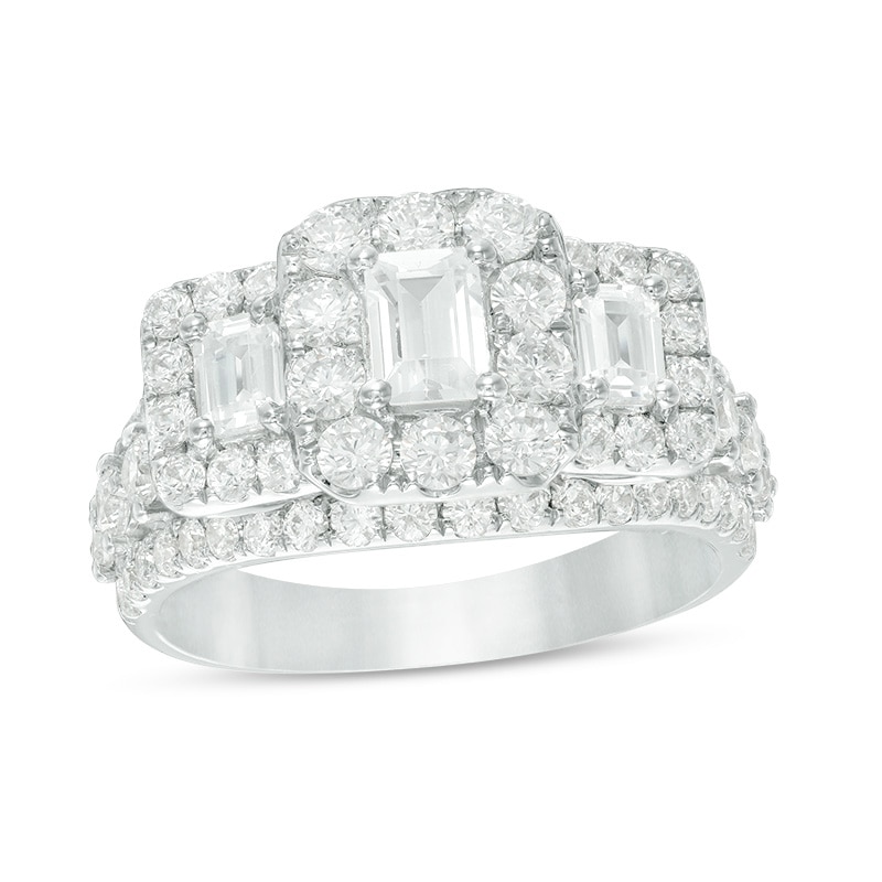 Main Image 1 of Previously Owned - 2-1/2 CT. T.W. Emerald-Cut Diamond Past Present Future® Frame Engagement Ring in 14K White Gold