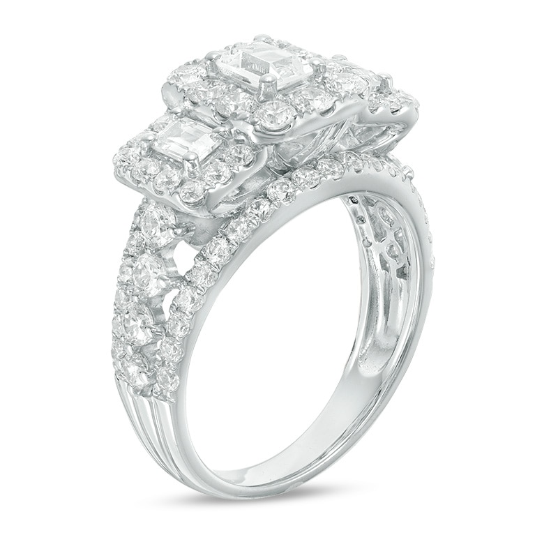 Main Image 2 of Previously Owned - 2-1/2 CT. T.W. Emerald-Cut Diamond Past Present Future® Frame Engagement Ring in 14K White Gold