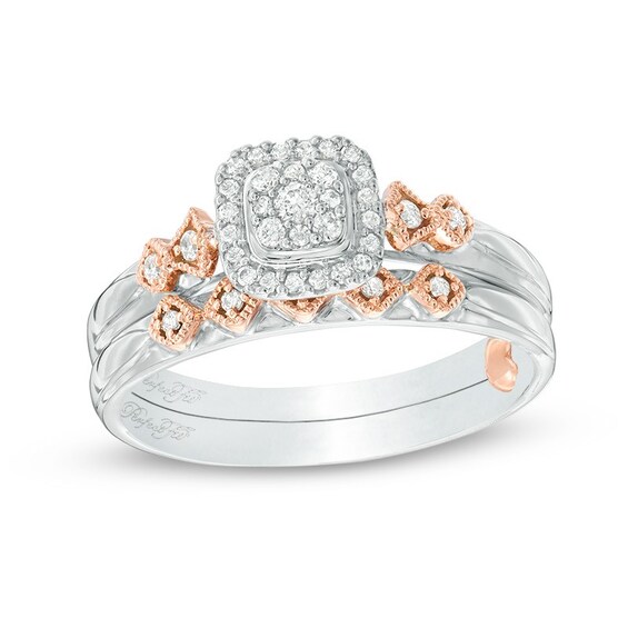 Previously Owned - Perfect Fit 1/5 CT. T.w. Diamond Cushion Frame Interlocking Bridal Set in 10K Two-Tone Gold