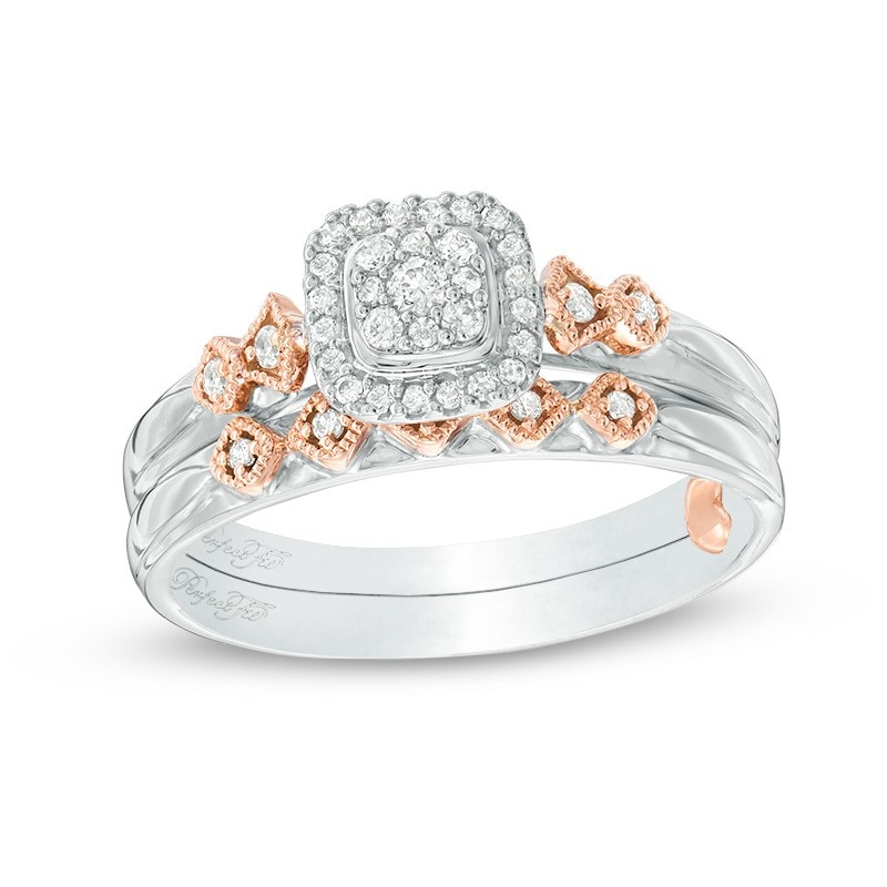 Main Image 1 of Previously Owned - Perfect Fit 1/5 CT. T.W. Diamond Cushion Frame Interlocking Bridal Set in 10K Two-Tone Gold