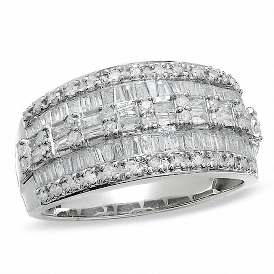 Previously Owned - 1 CT. T.w. Baguette and Round Diamond Three Row Ring in 10K White Gold