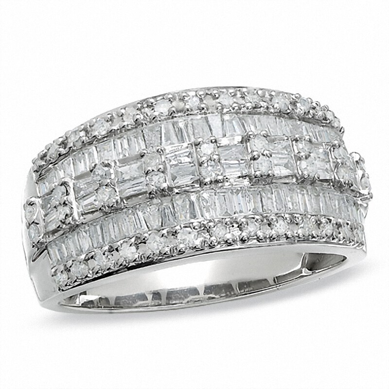 Previously Owned - 1 CT. T.W. Baguette and Round Diamond Three Row Ring in 10K White Gold