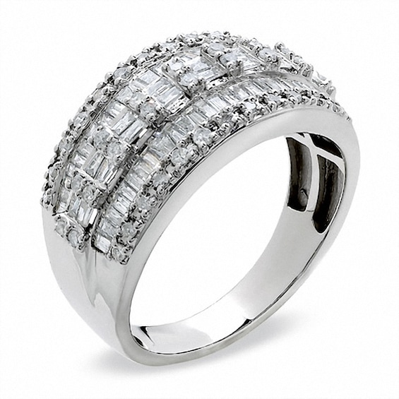 Previously Owned - 1 CT. T.w. Baguette and Round Diamond Three Row Ring in 10K White Gold