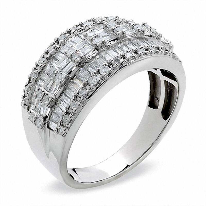 Previously Owned - 1 CT. T.W. Baguette and Round Diamond Three Row Ring in 10K White Gold