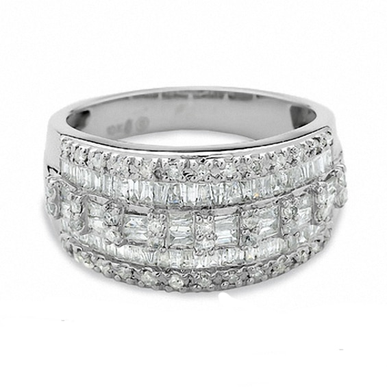 Previously Owned - 1 CT. T.w. Baguette and Round Diamond Three Row Ring in 10K White Gold