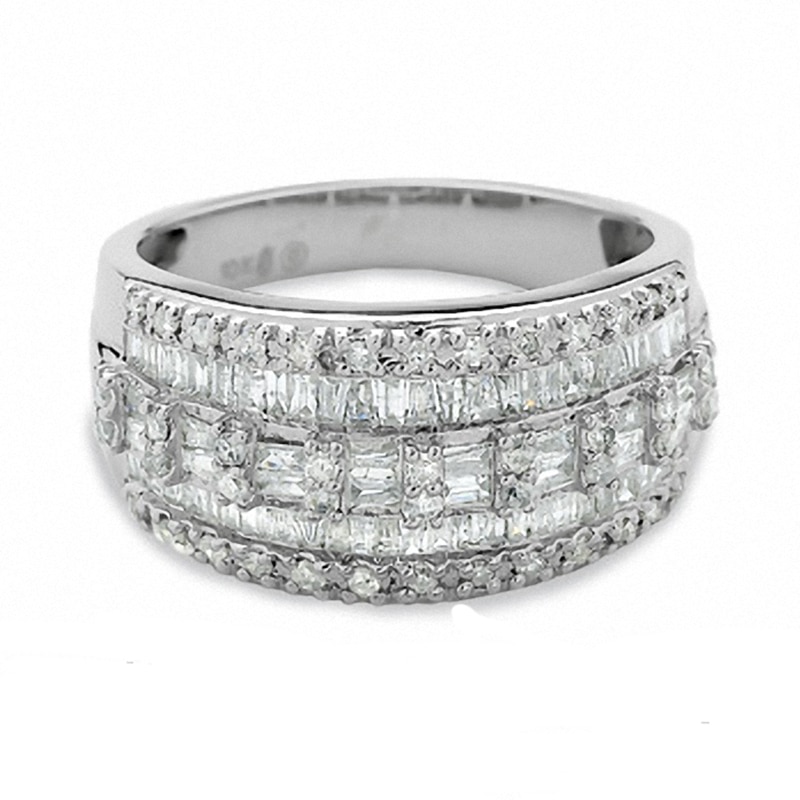 Previously Owned - 1 CT. T.W. Baguette and Round Diamond Three Row Ring in 10K White Gold