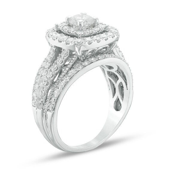 Previously Owned - 2 CT. T.w. Composite Diamond Frame Multi-Row Vintage-Style Engagement Ring in 14K White Gold